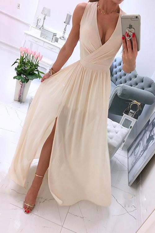 Rosiedress Deep V Neck Slit Ruched Sleeveless Party Dress Khaki