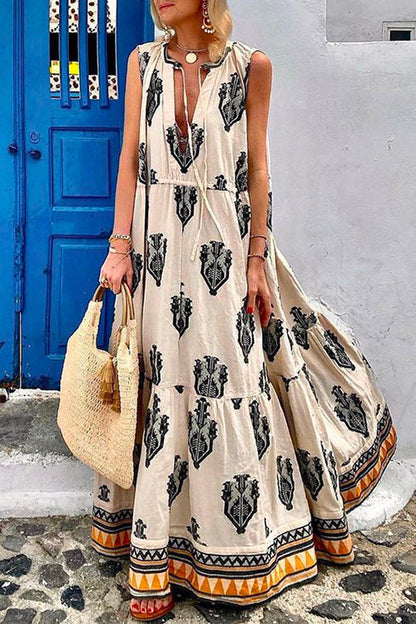 Rosiedress Tassle Deep V Neck Sleeveless Printed Maxi Swing Holiday Dress White