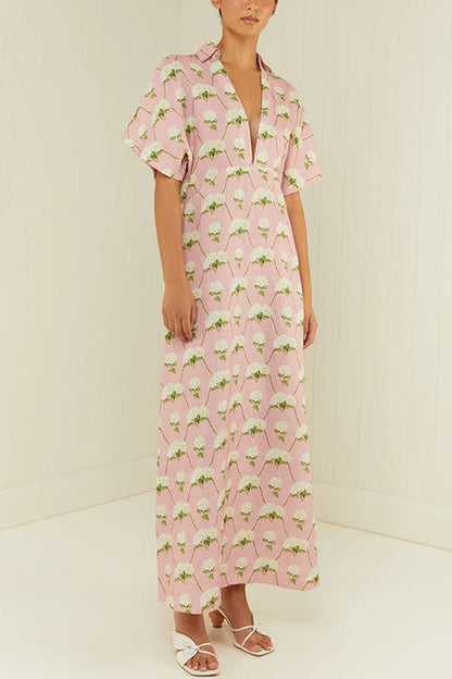 V Neck Short Sleeves Floral Print Maxi Holiday Dress