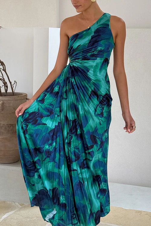 One Shoulder Drawstring Cut Out Printed Maxi Pleated Dress