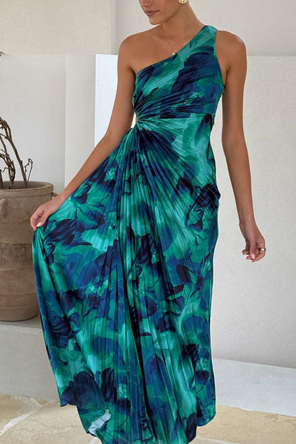 One Shoulder Drawstring Cut Out Printed Maxi Pleated Dress