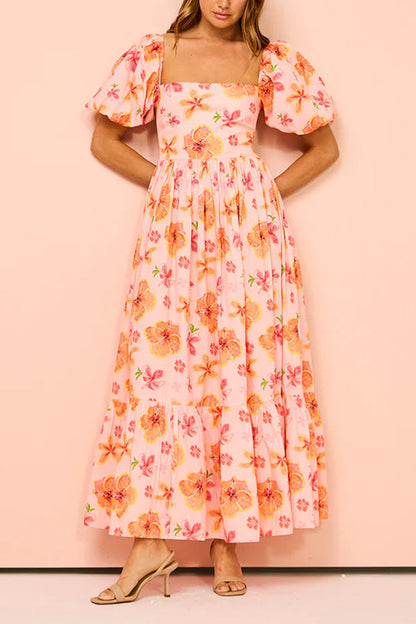 Rosiedress Square Neck Puff Sleeves Floral Print Ruffle Maxi Dress