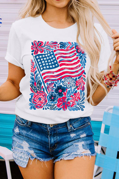 White Floral Flag Aesthetics Patriotic Graphic T Shirt