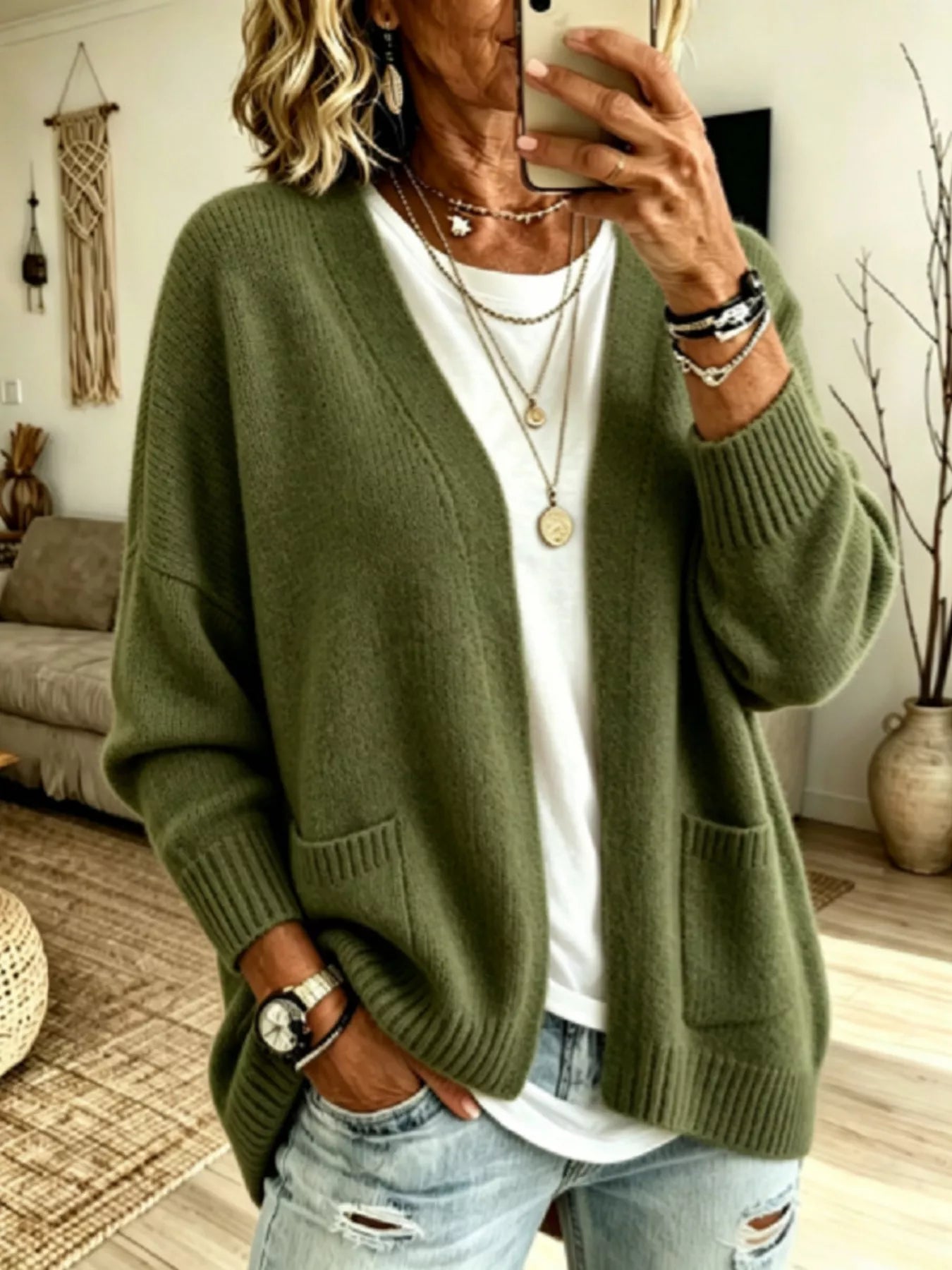 Open Front Knit Cardigan with Pockets