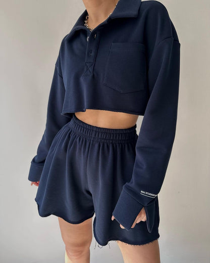 Short Casual Cardigan Top Drawstring Shorts Suit