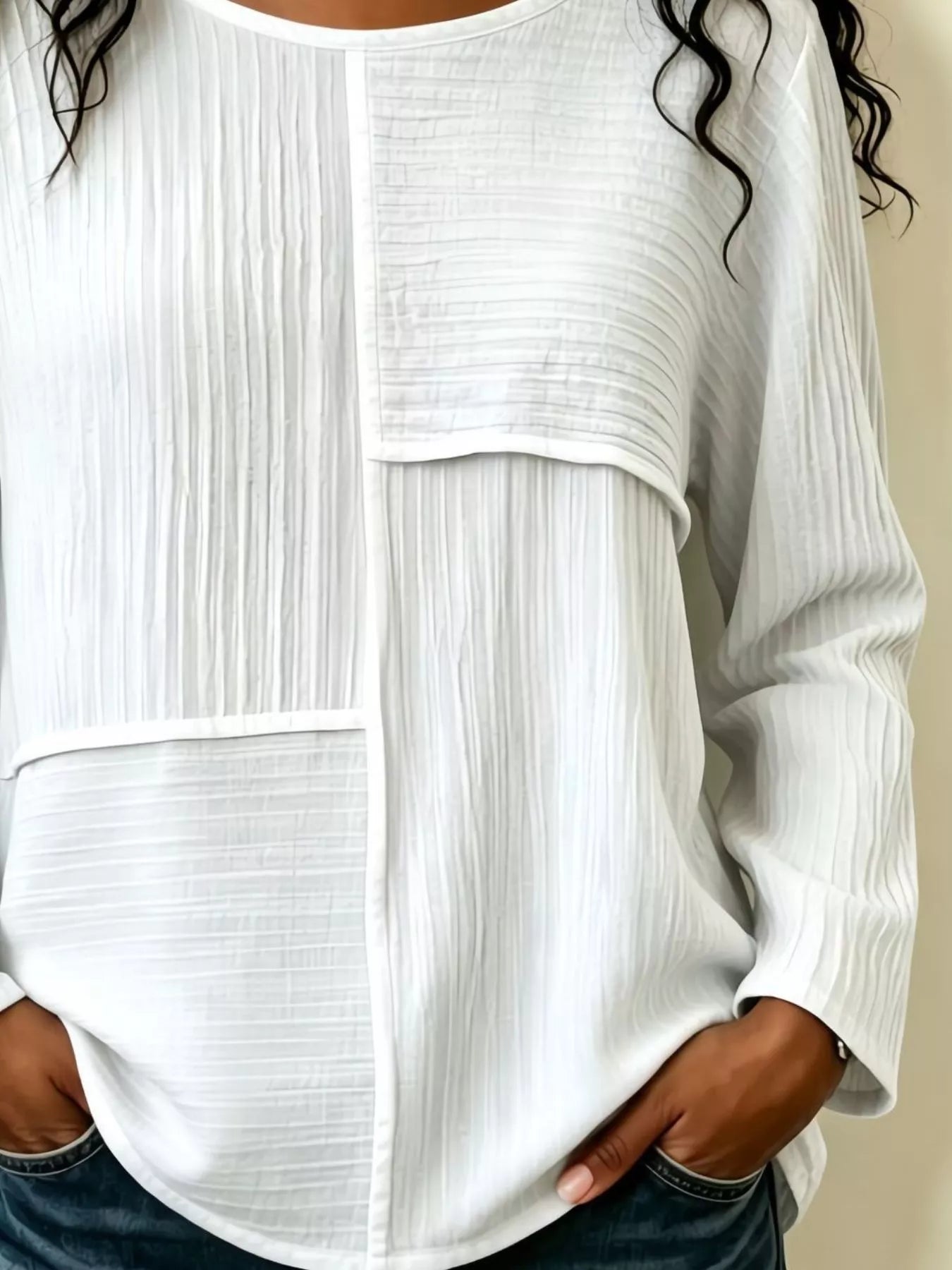 Women's Textured Patchwork Long Sleeve Top