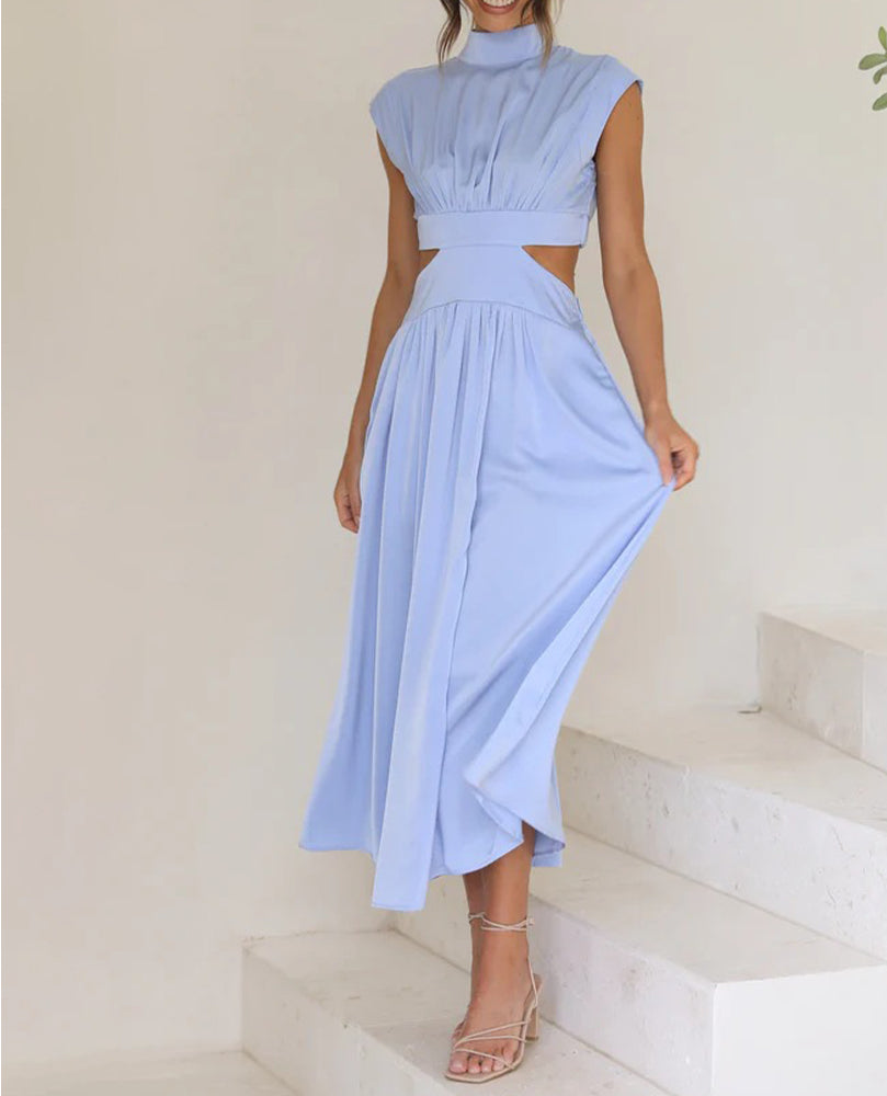 Chic Stand Collar Solid Color Sexy Waist Midi Dress