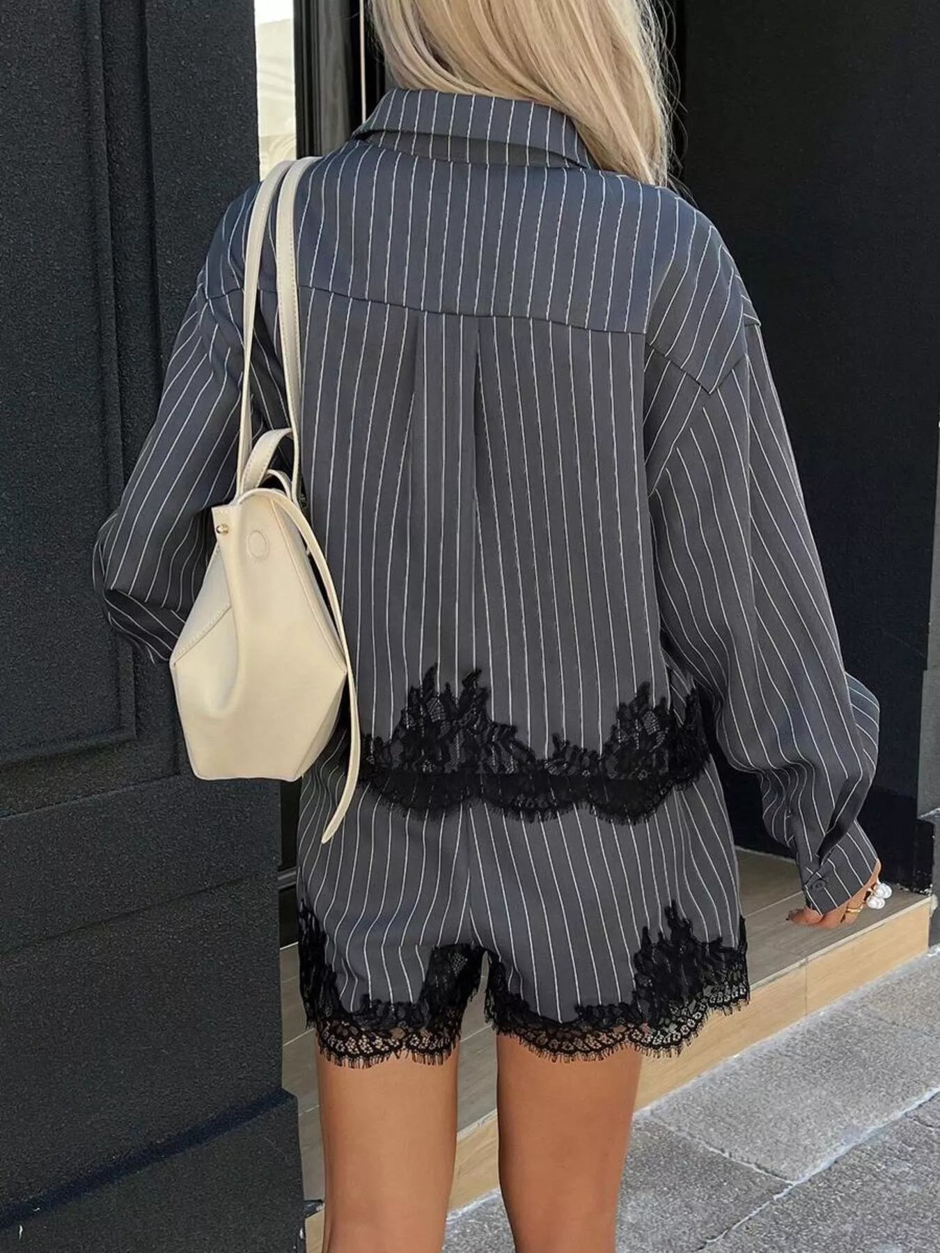 Lace Trim Striped Button-Down Shirt and Shorts Set