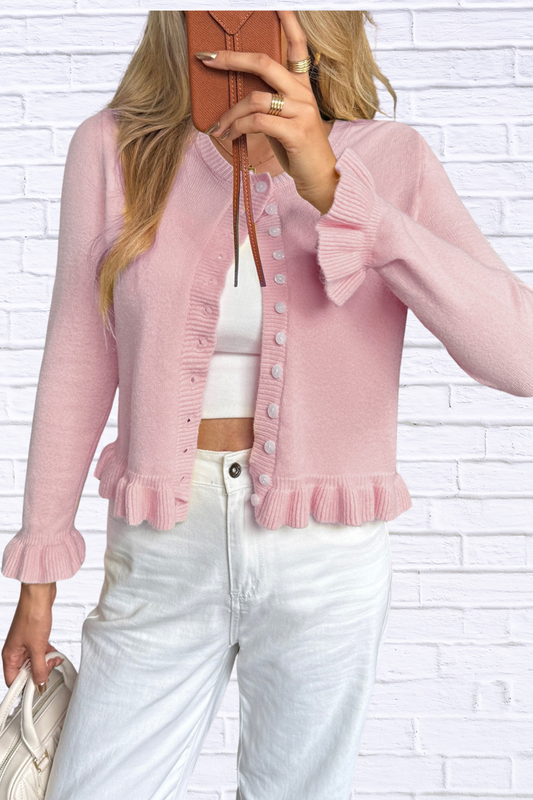 Ruffled Trim Button-Up Knit Cardigan