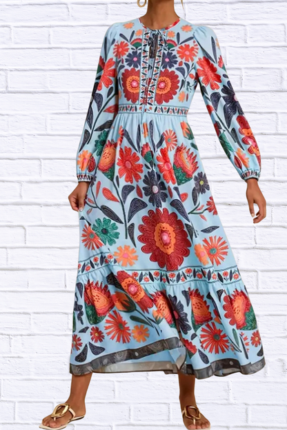 Floral Tie Waist Long Sleeve Dress