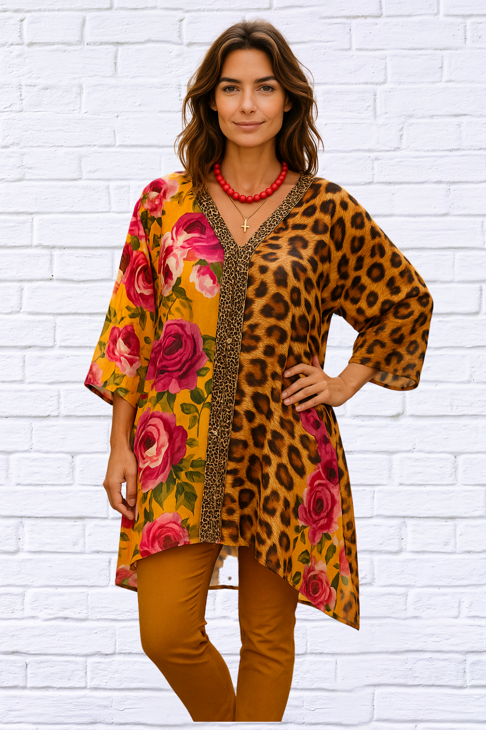 Demi Chiffon Combo Animal and Floral Blouse - Tangerine