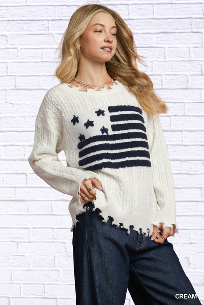Umgee Distressed American Flag Sweater