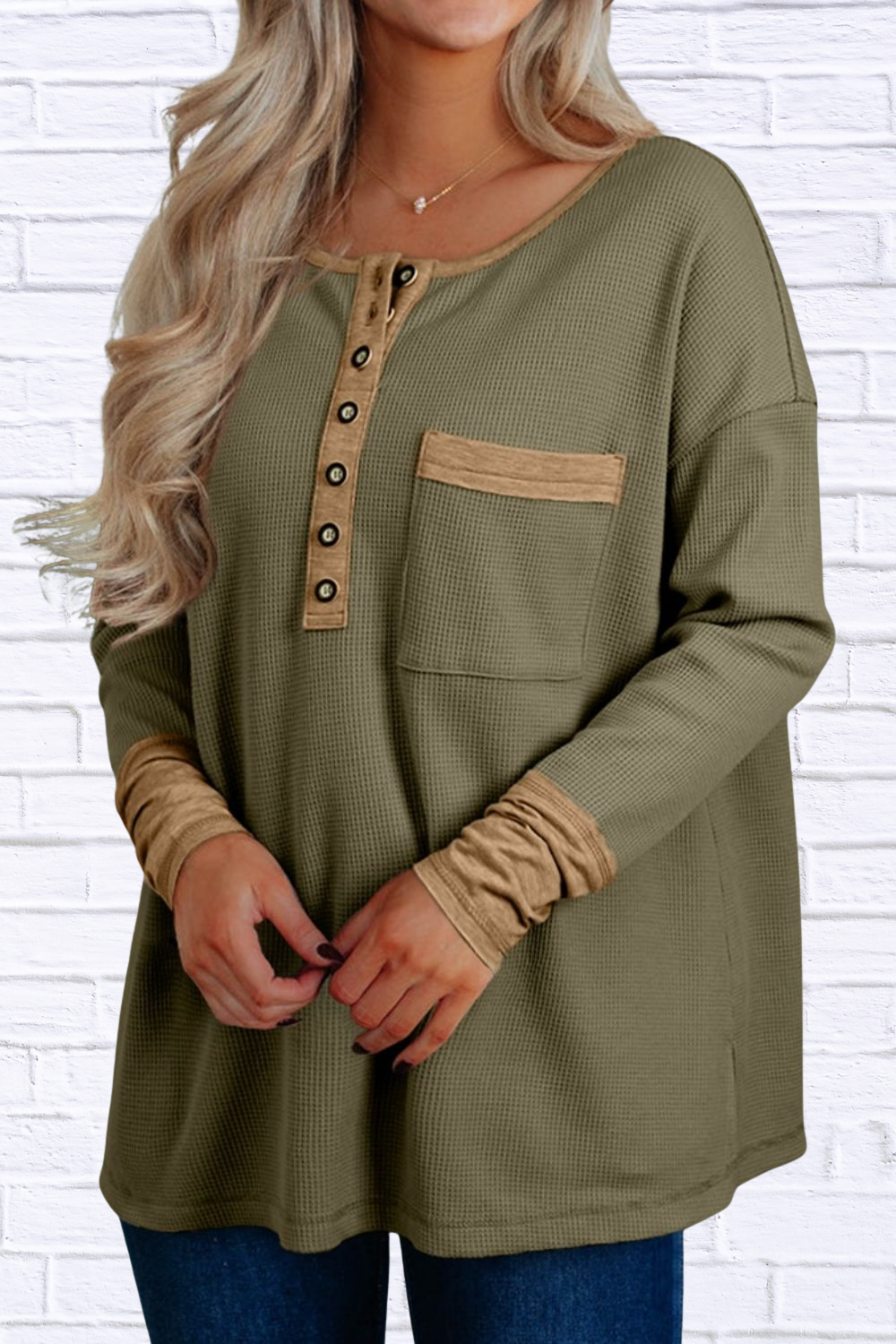 Button Front Contrast Trim Top