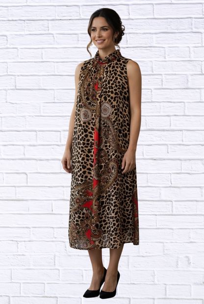 Animal and Paisley Print Sleeveless Maxi Dress – High Neck Bow Detail Flowy Woven Dress