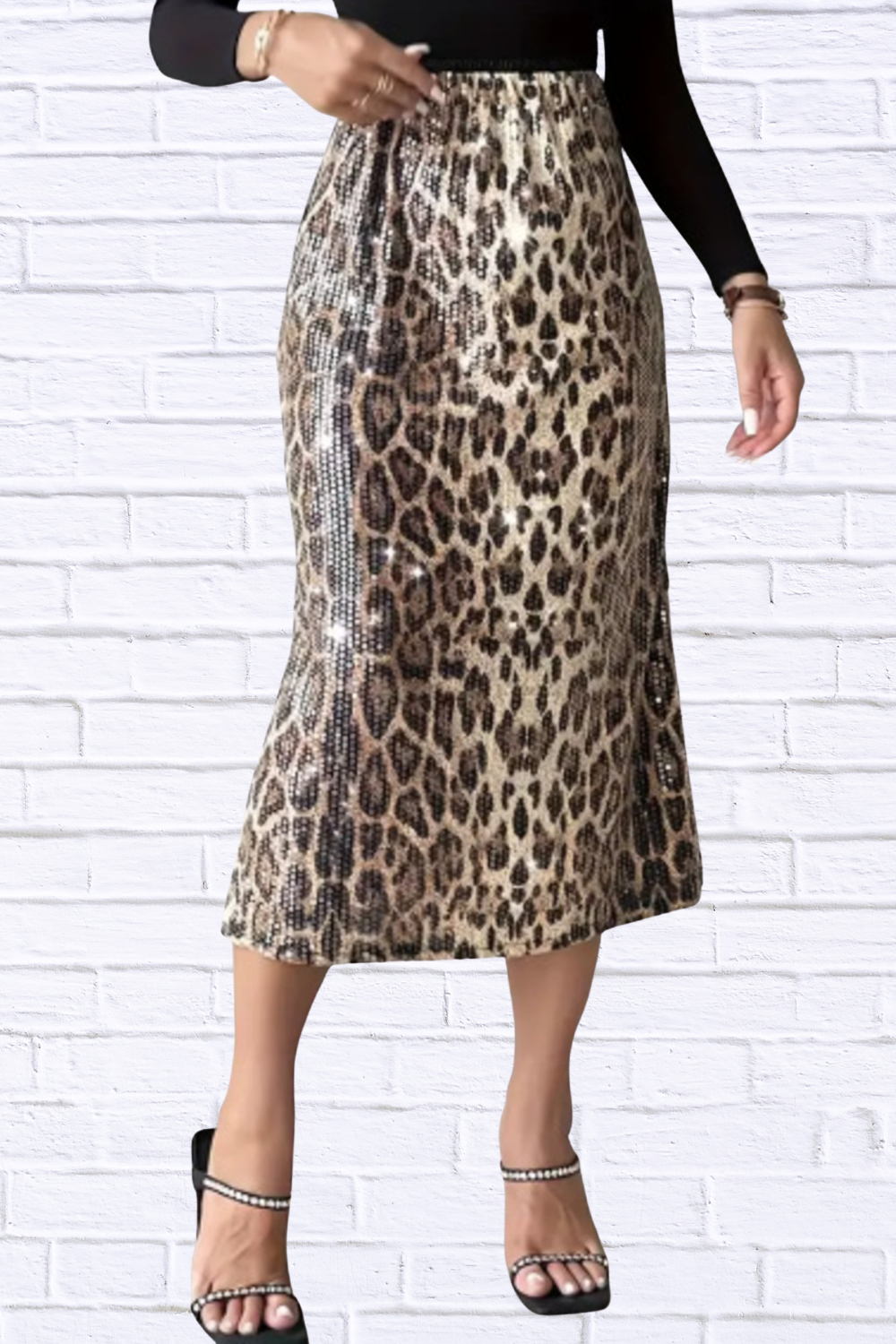Sequin Leopard Midi Skirt