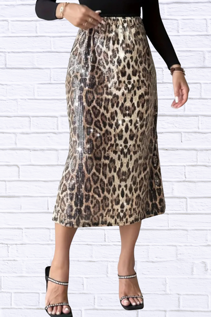 Sequin Leopard Midi Skirt