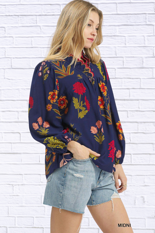 Umgee Flower Print Blouse with Scalloped Neckline