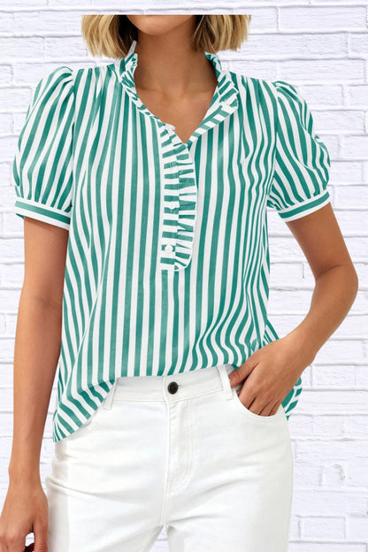 Frill Striped Puff Sleeve Blouse | Chic Women’s Top