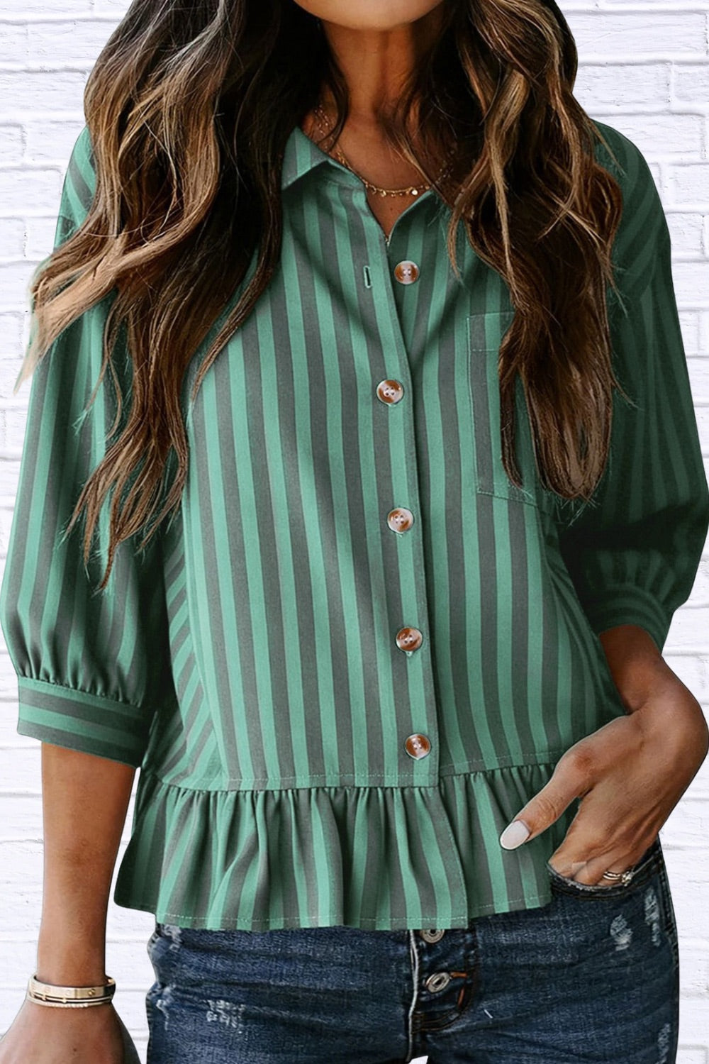 Striped Ruffle Hem Button-Down Shirt | Chic Women’s Top