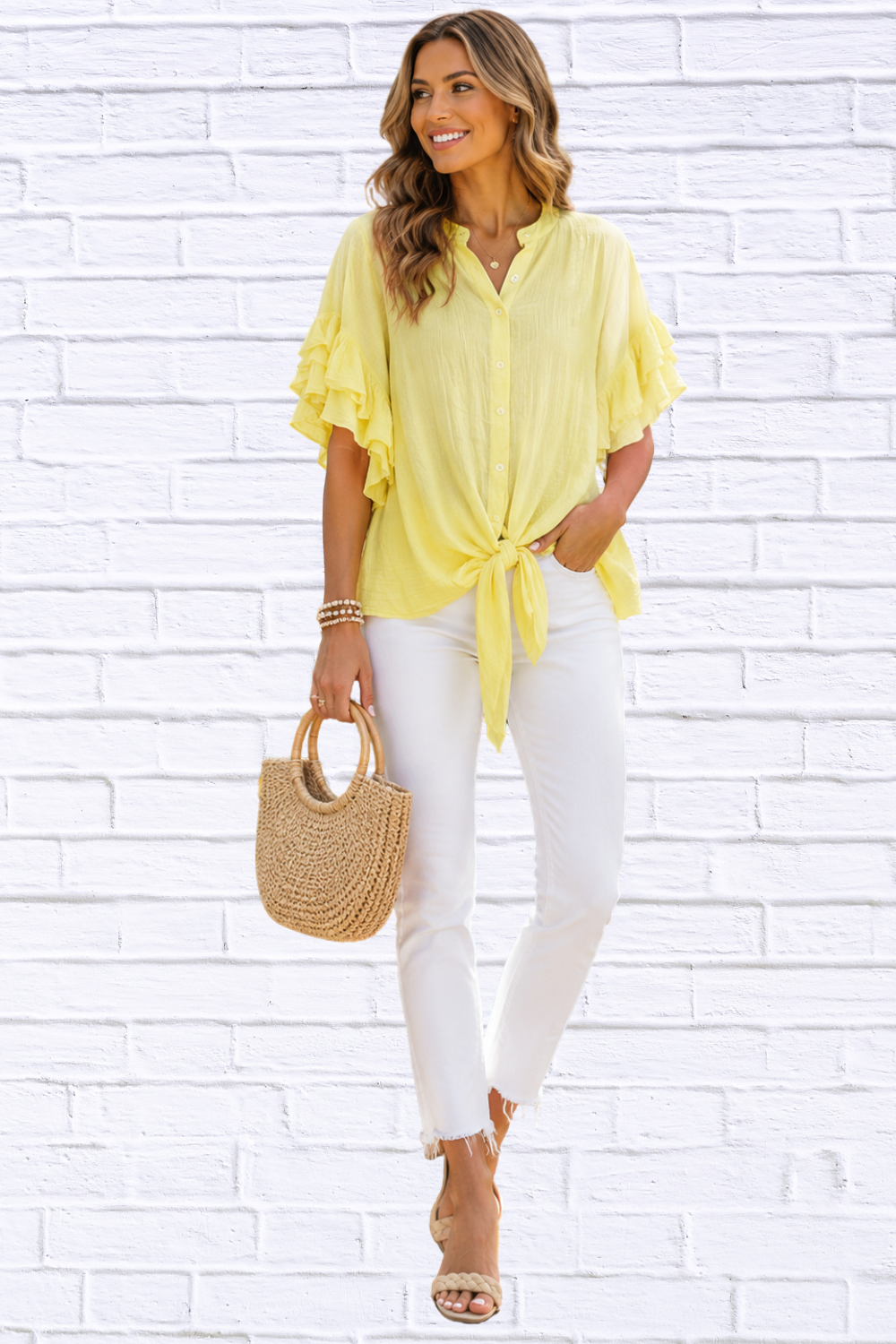 Pink Tie Front Ruffle Sleeve Blouse for Women | Feminine Boutique Spring Top
