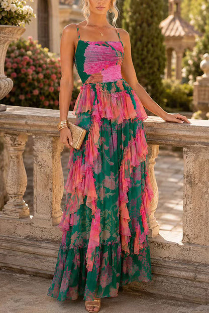 Spaghetti Strap High Waist Printed Ruffle Maxi Dress