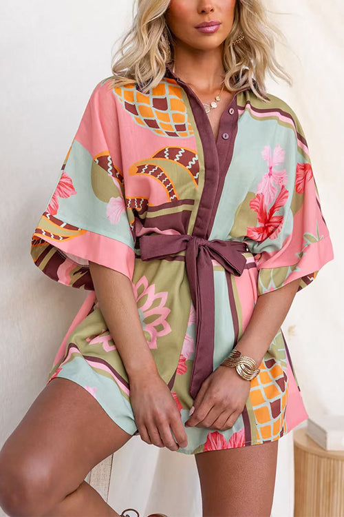 Lapel Button Up Tie Waist Floral Print Romper