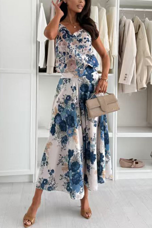 Spaghetti Strap Cowl Neck Floral Print Top