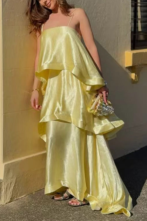 Spaghetti Strap Ruffle Layered Satin Maxi Dress