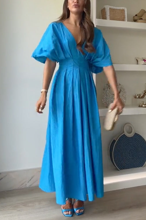 Elegant V Neck High Waist Ruched Swing Maxi Dress