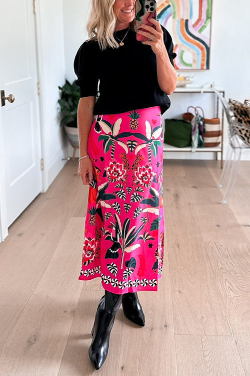 High Rise Tropic Print Midi Skirt