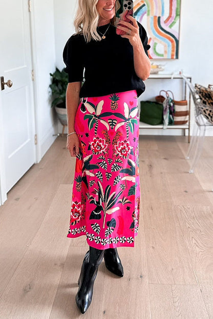 High Rise Tropic Print Midi Skirt