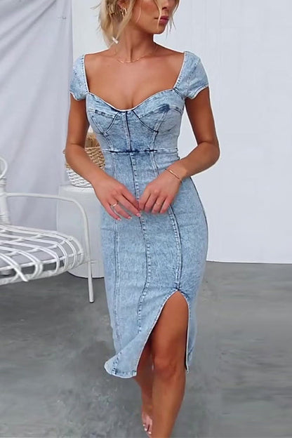 High Waist Slit Corset Denim Bodycon Dress