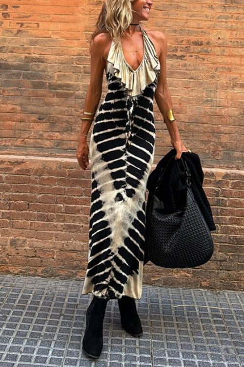 Ruffle Halter V Neck Backless Tie Dye Maxi Dress