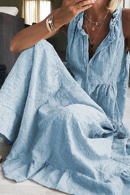 Sleeveless V Neck Cotton Linen Ruffle Maxi Dress Blue