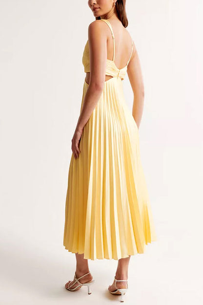 V Neck Cut Out Waist Sleeveless Pleated Maxi Dress