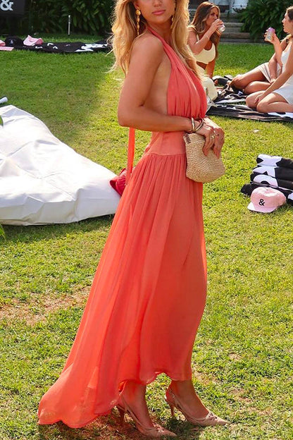 Rosiedress Deep V Neck Halter Backless Flowy Maxi Party Dress