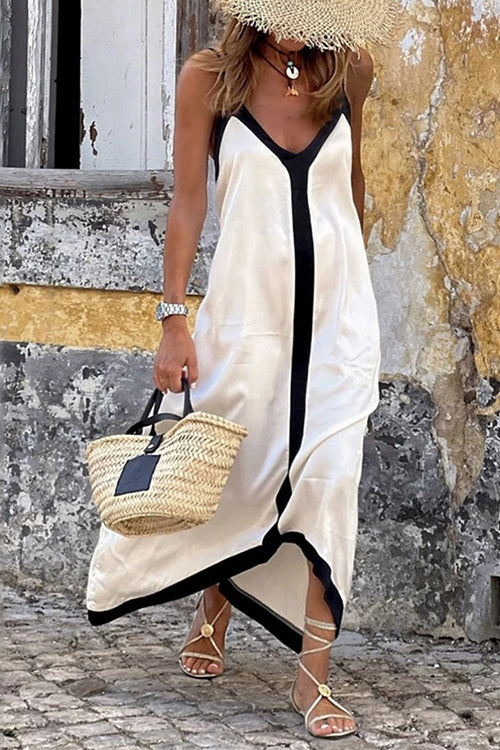 Rosiedress Spaghetti Strap V Neck Color Block Maxi Holiday Dress White