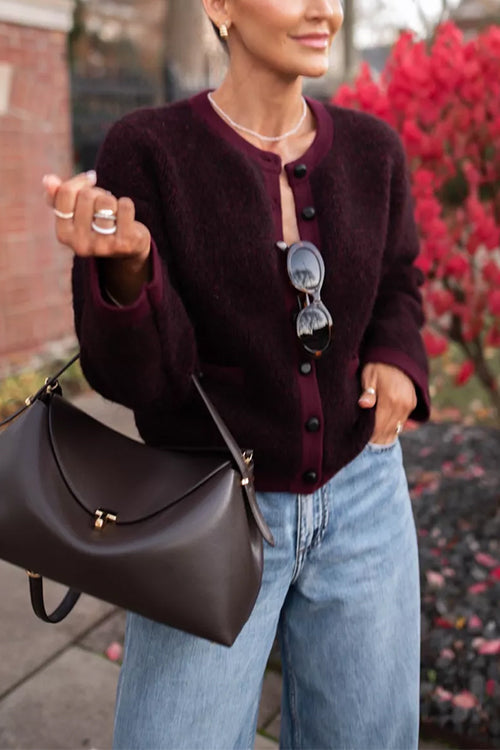 Crewneck Button Down Pocketed Fuzzy Cardigan