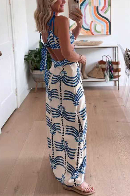 Tie Shoulder Cut Out Waist Printed Maxi Dress