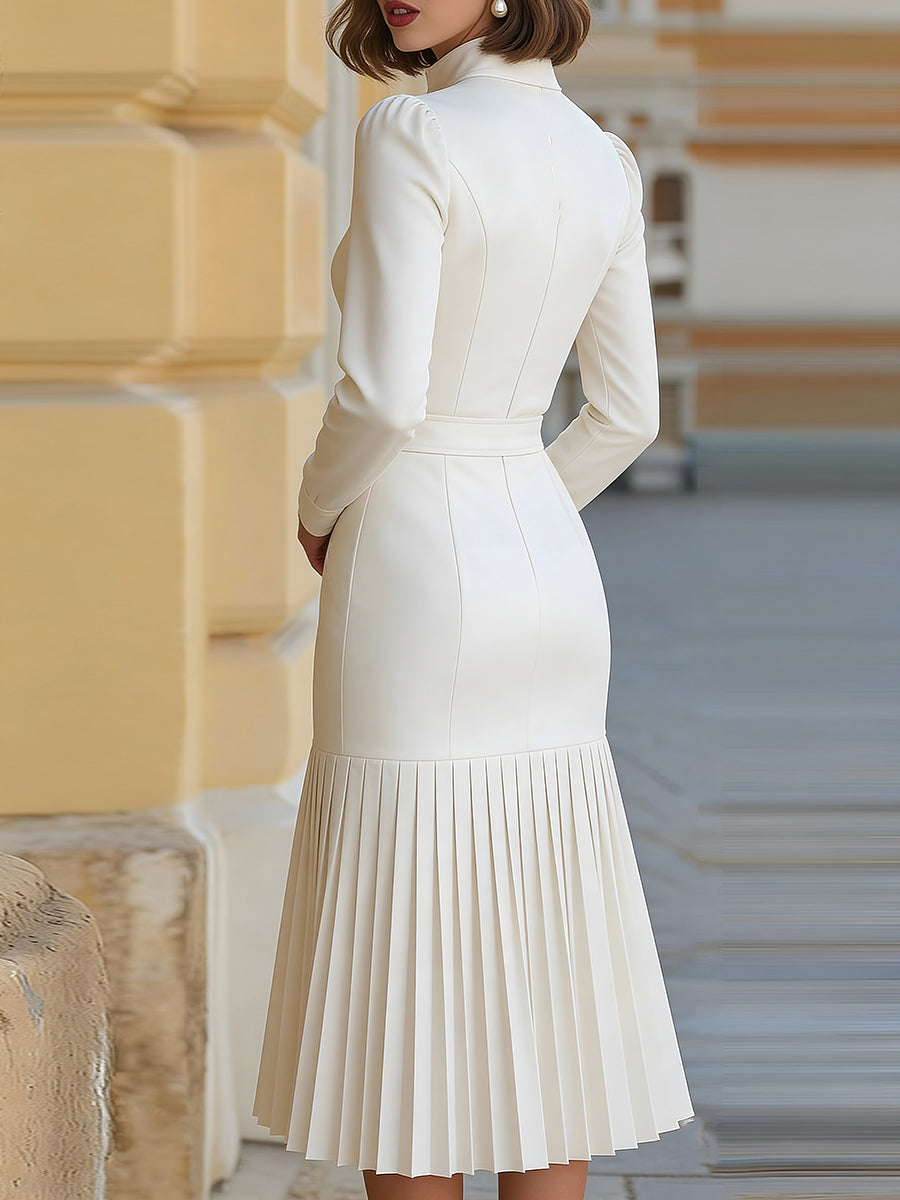 High-Neck Belted Long-Sleeve Pleated Midi Dress
