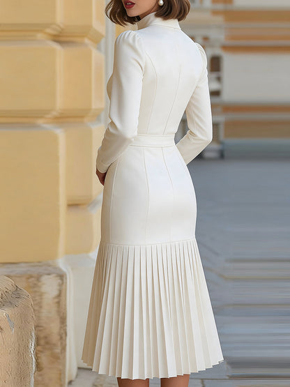 High-Neck Belted Long-Sleeve Pleated Midi Dress