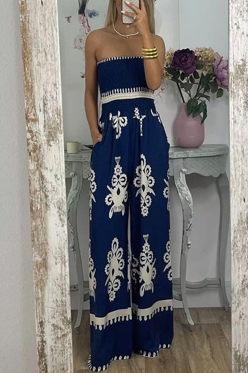 Off Shoulder Smocked High Waist Wide Leg Printed Jumpsuit Blue