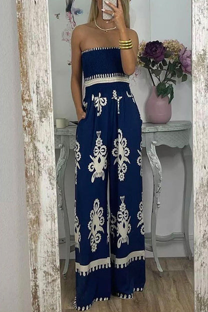 Off Shoulder Smocked High Waist Wide Leg Printed Jumpsuit Blue
