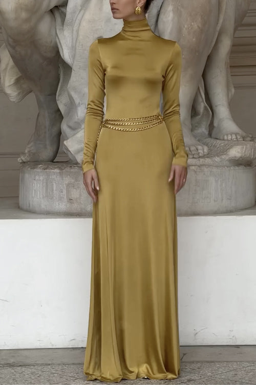 Turtleneck Long Sleeves Metallic Maxi Evening Dress