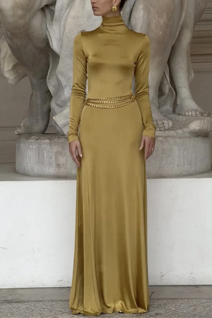 Turtleneck Long Sleeves Metallic Maxi Evening Dress