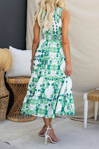 Square Collar Sleeveless Waisted Ruffle Printed Midi Dress