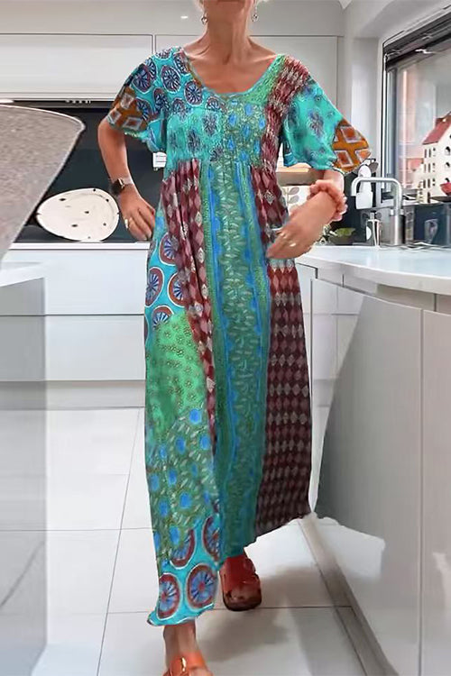 Round Neck Short Sleeves Printed Maxi Dress