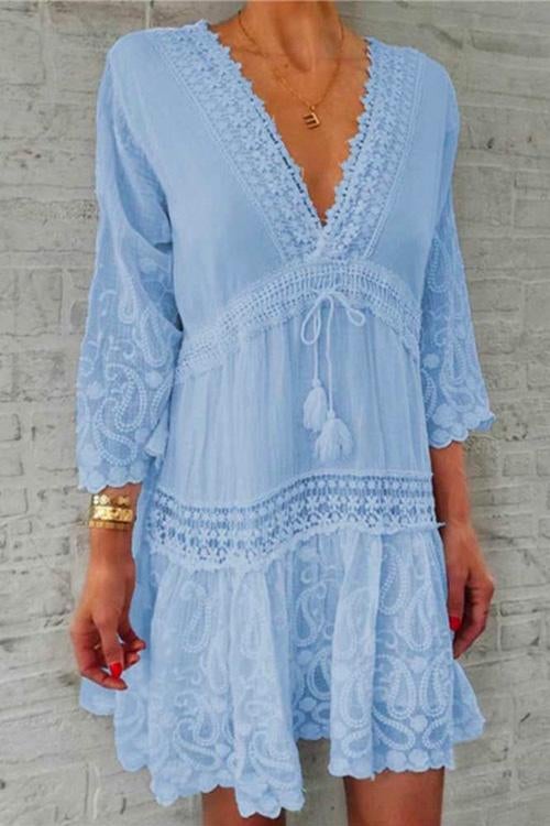 V Neck Lace Trim Tassel Swing Dress LightBlue