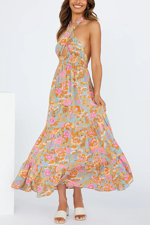 Rosiedress Criss Cross Halter Backless Cut Out Slit Floral Maxi Dress