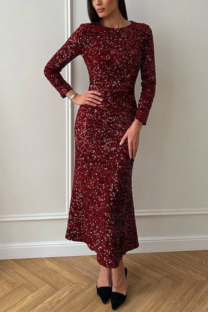 Long Sleeves Shiny NYE Sequin Maxi Dress